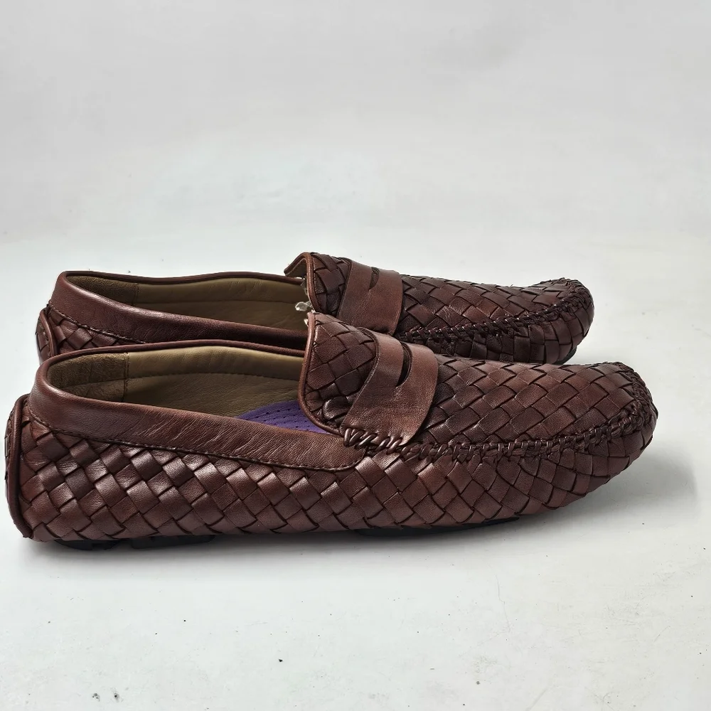 Robert Zur San Tropez Woven Leather Penny Loafers Cognac Mens Size 8 Driver